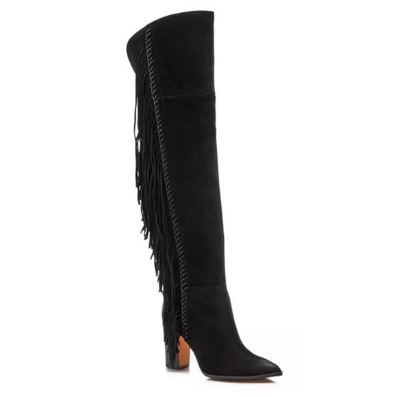 Dolce Vita Black Izie Fringe Pointed Toe High Shaft High-heel Suede Boots, 8 - Picture 1 of 12